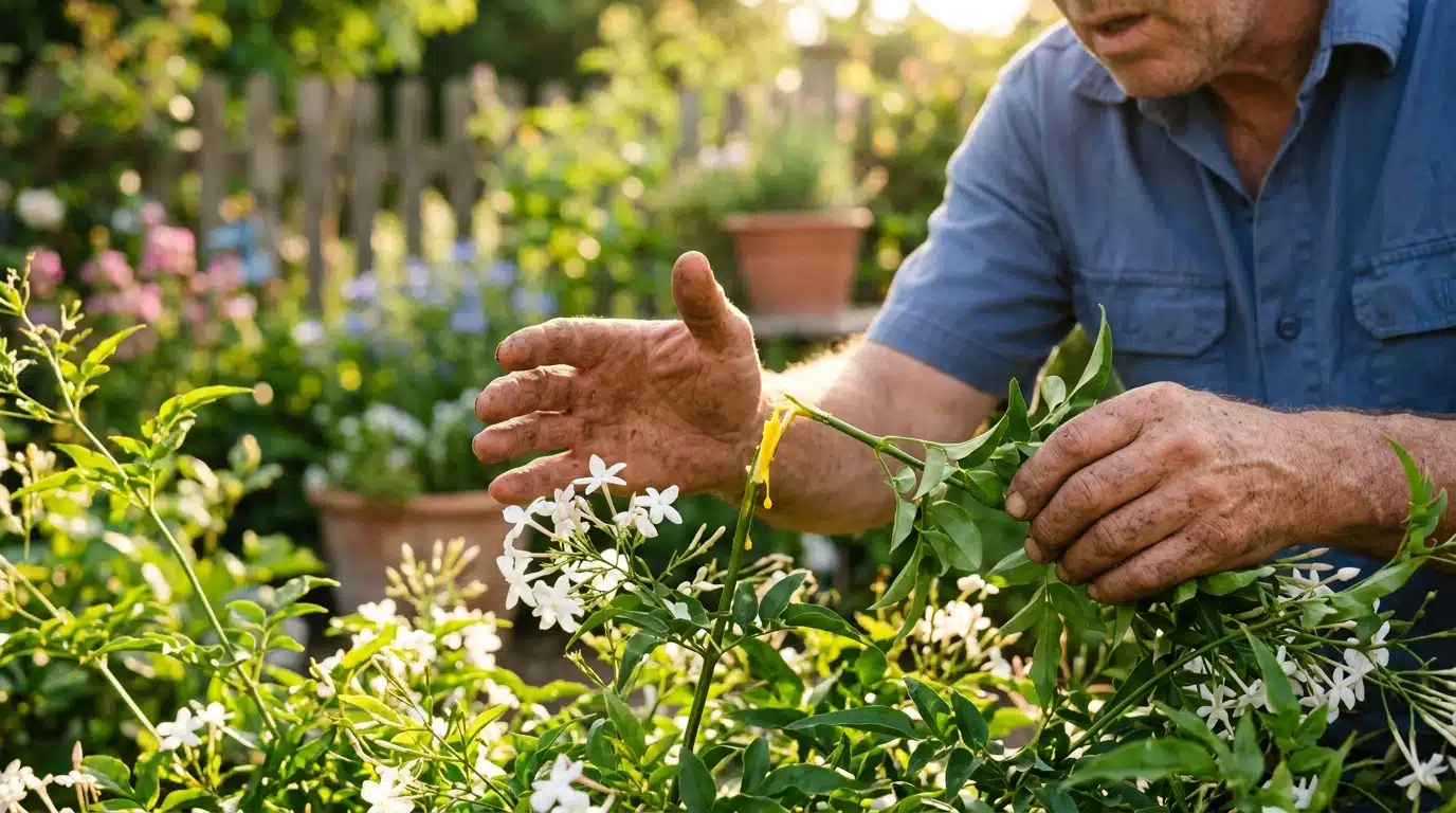Jardinier touchant à mains nues une plante toxique dans un jardin