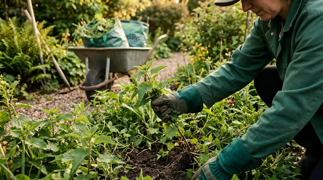 Jardinier protégé arrachant des orties avec des gants épais