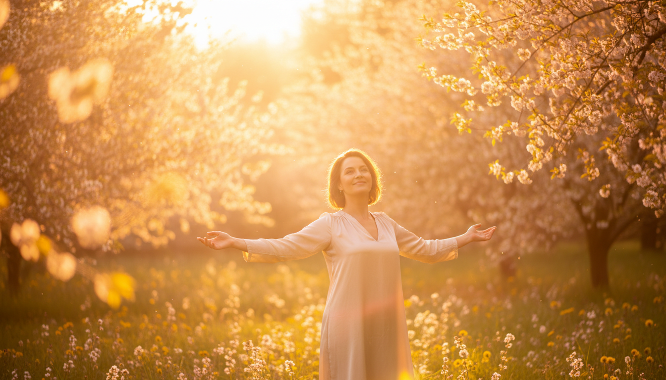 Personne confiante baignée de lumière dorée printanière