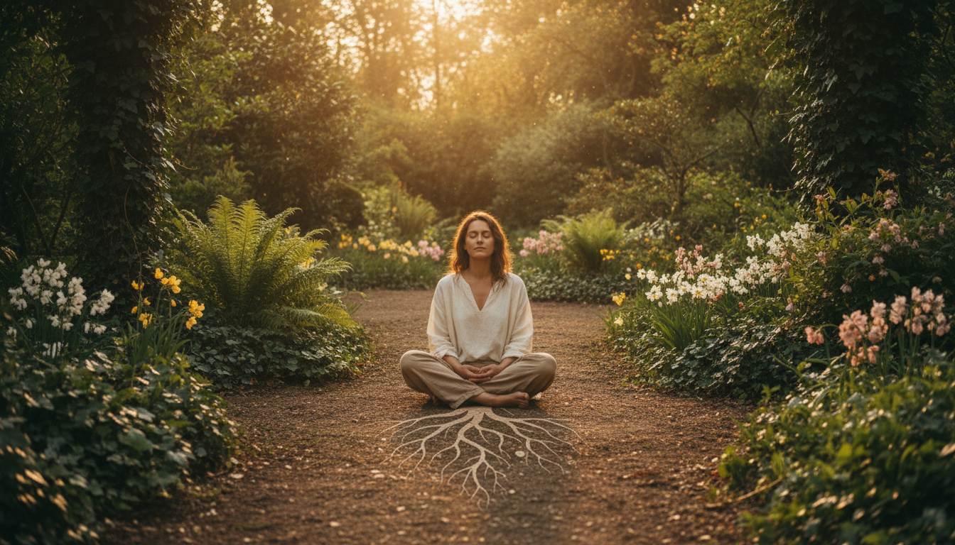 Personne sereine enracinée dans un jardin verdoyant