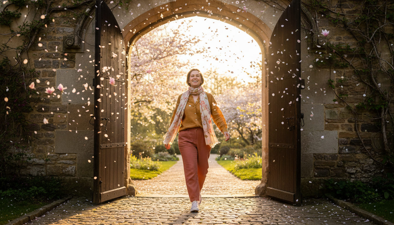 Personne joyeuse franchissant une porte dorée avec assurance