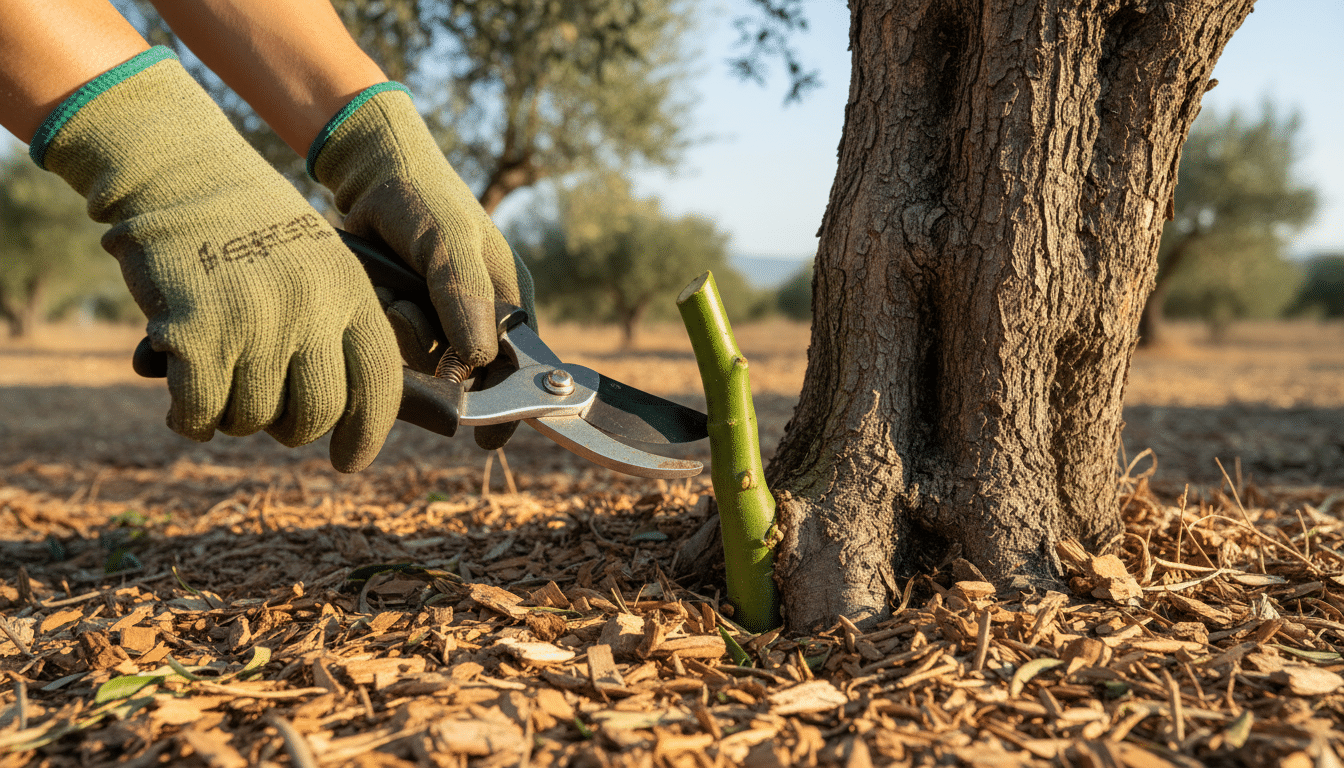 Taille d'un gourmand au pied d'un olivier