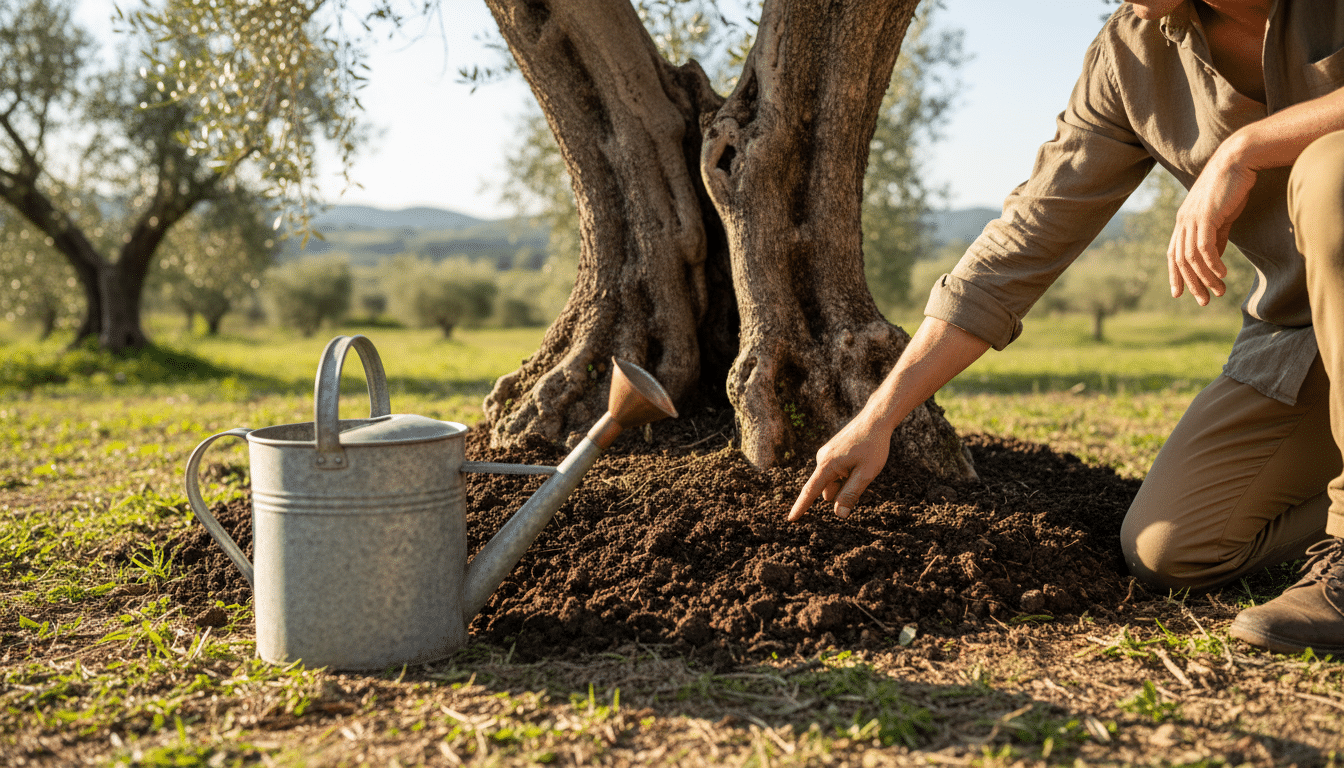 Test d'humidité du sol au pied d'un olivier