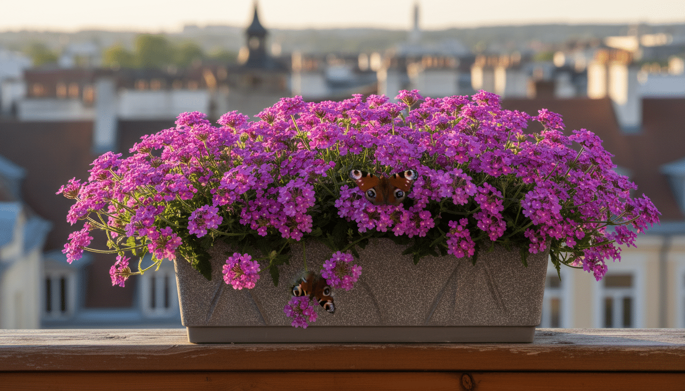 Bouquets de verveine violette et rose en jardinière avec papillon