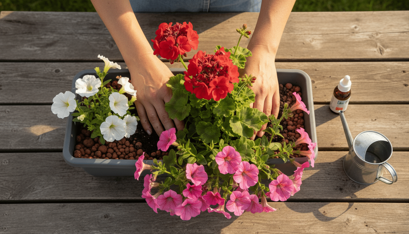 Plantation serrée de trois plantes fleuries dans une jardinière de balcon