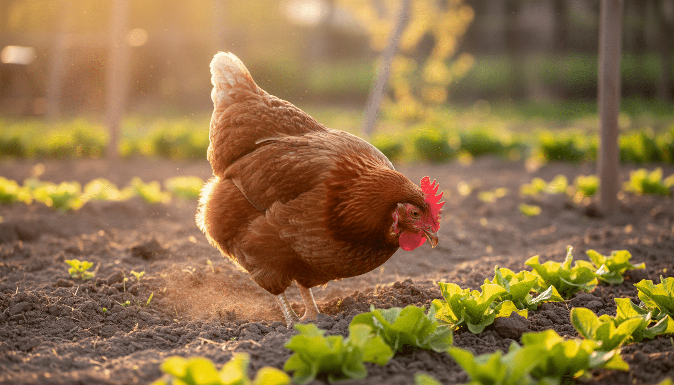Poule grattant la terre dans un potager au printemps