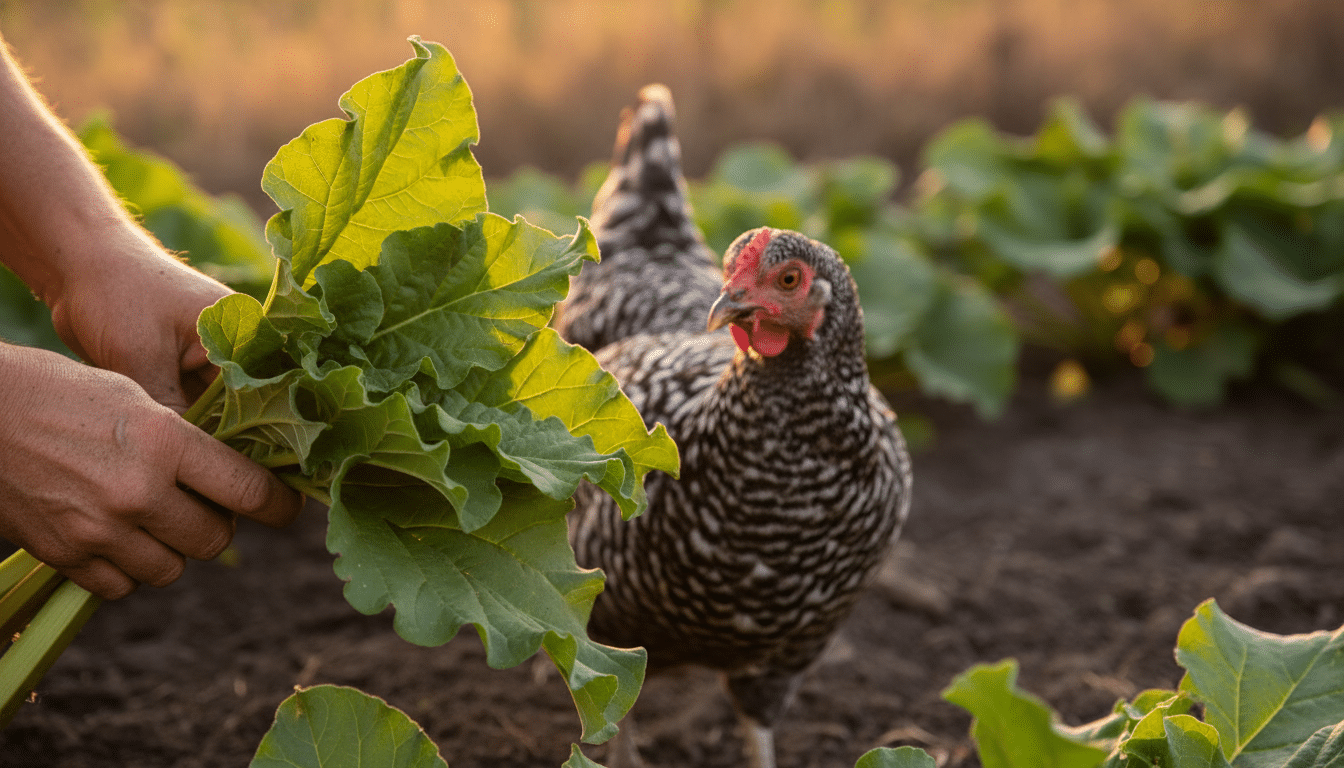 Feuilles de rhubarbe tenues dans un potager avec une poule