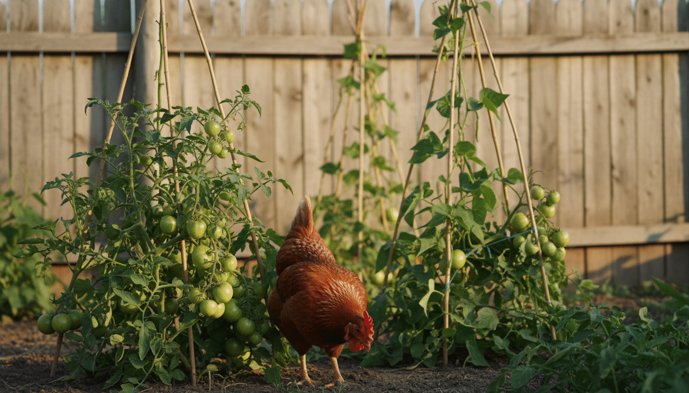Poule picorant près d'un plant de tomates vertes au potager