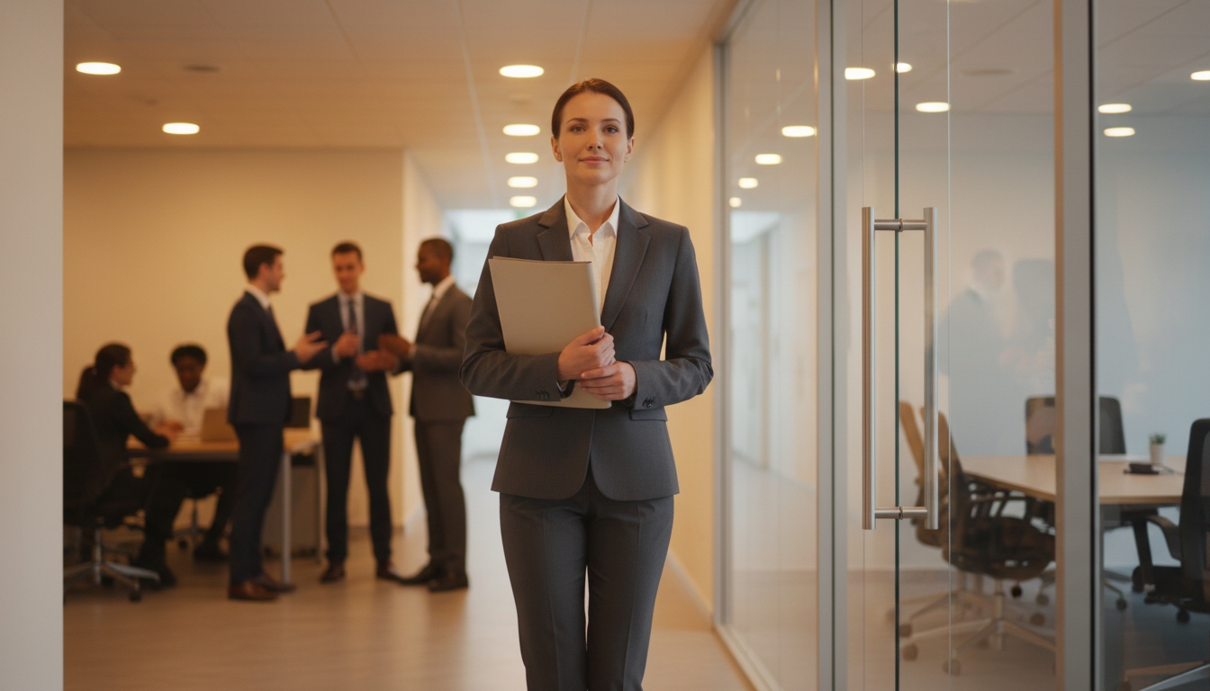 Femme marchant vers une salle de réunion avec assurance