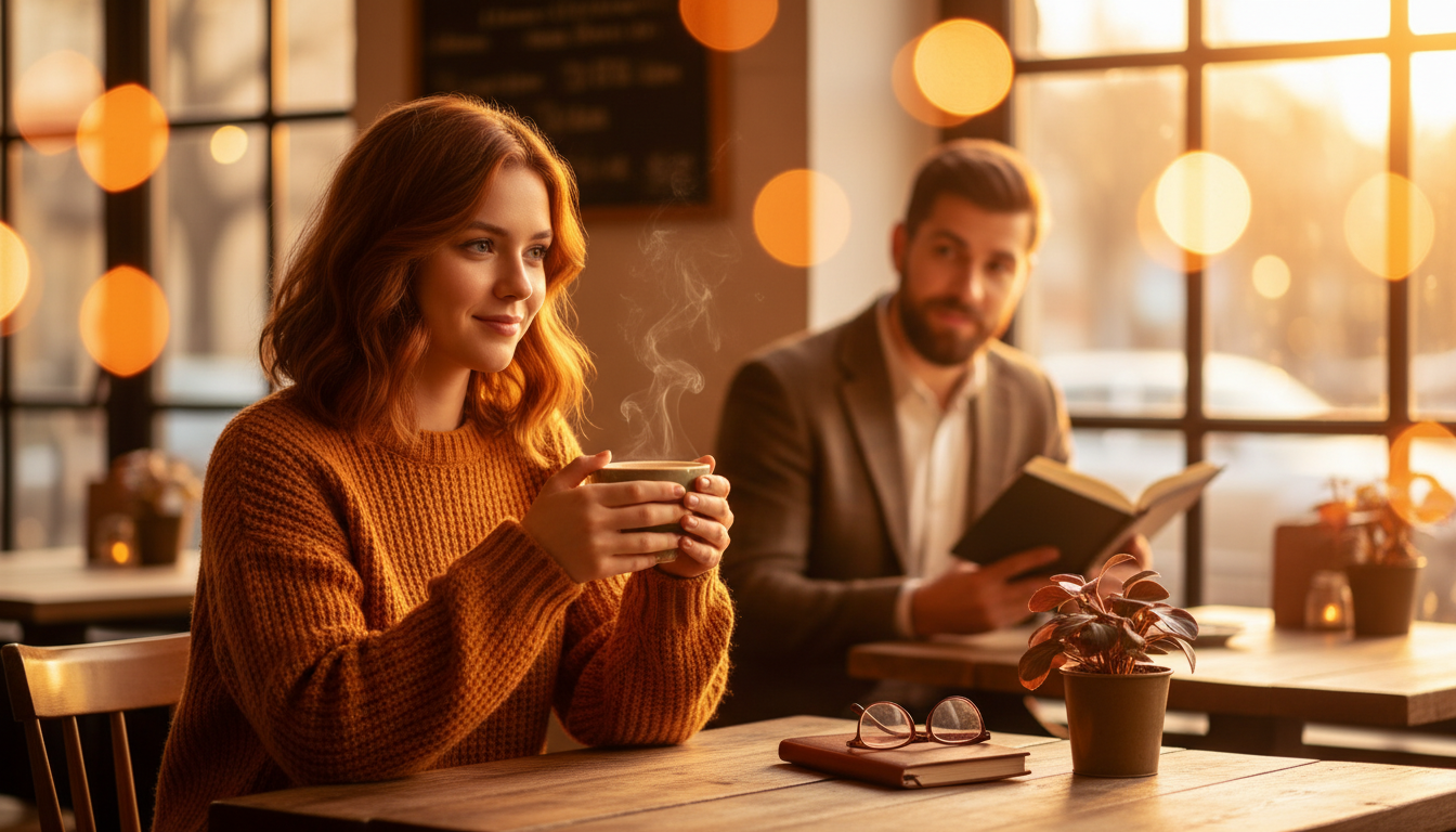 femme dans un café sous le regard discret d'un admirateur