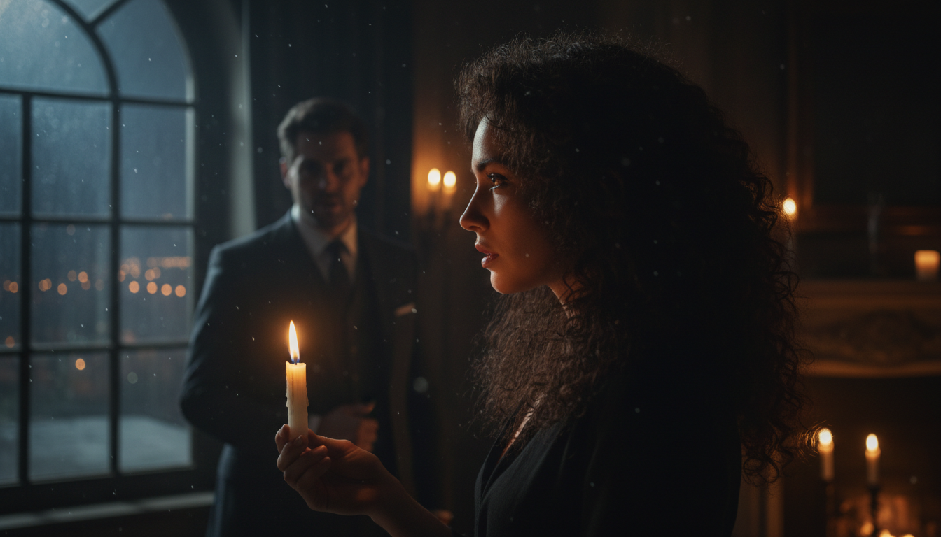 femme mystérieuse à la fenêtre fascinant un homme en arrière-plan