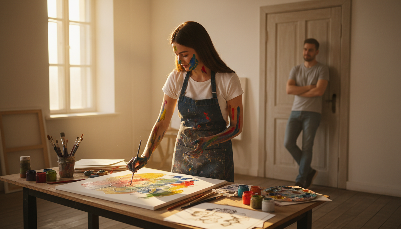 femme créative travaillant sous le regard admiratif d'un homme