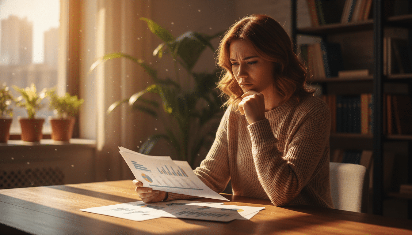 Femme préoccupée face à des documents financiers