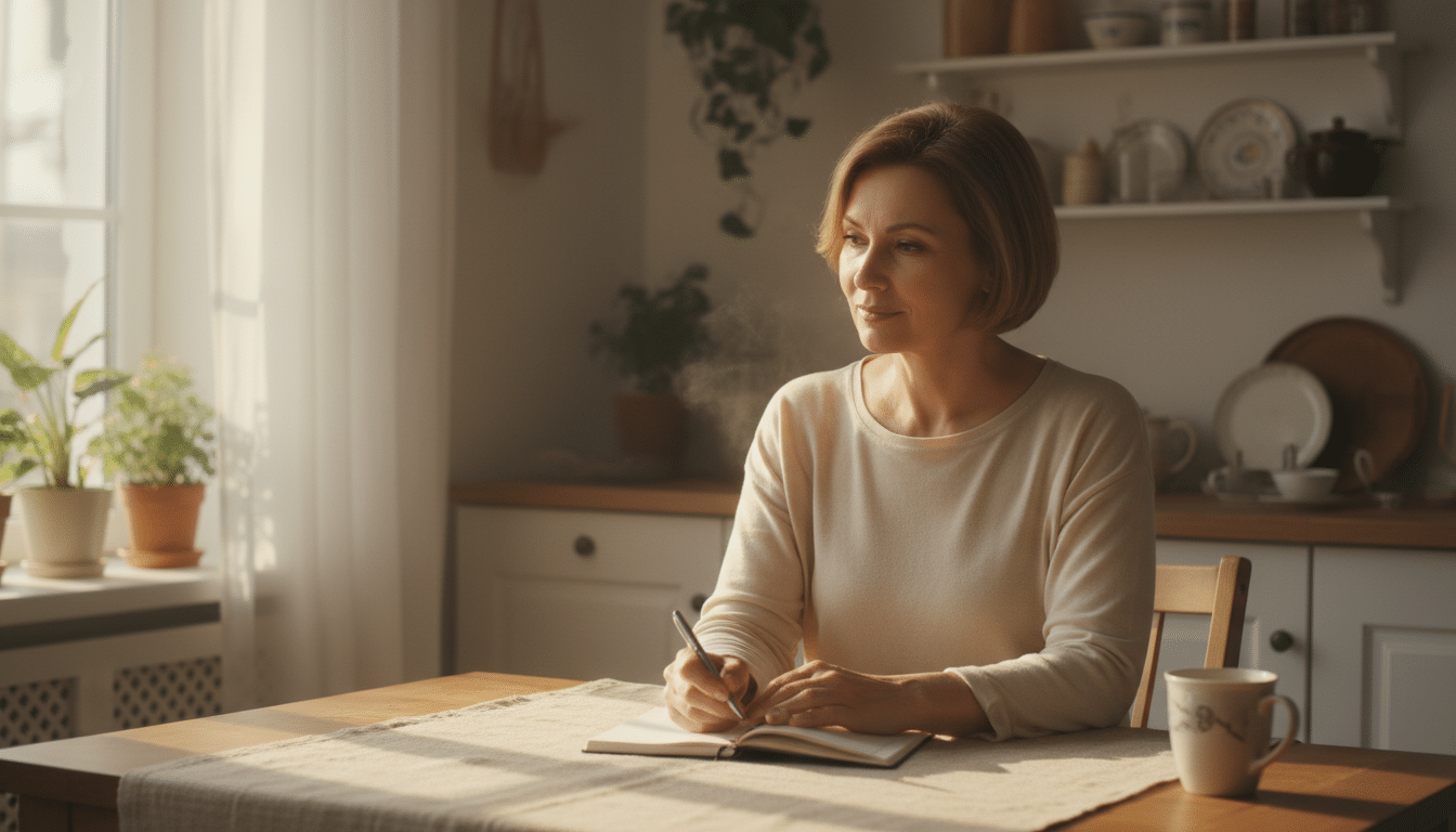 Femme sereine prenant des notes à la maison
