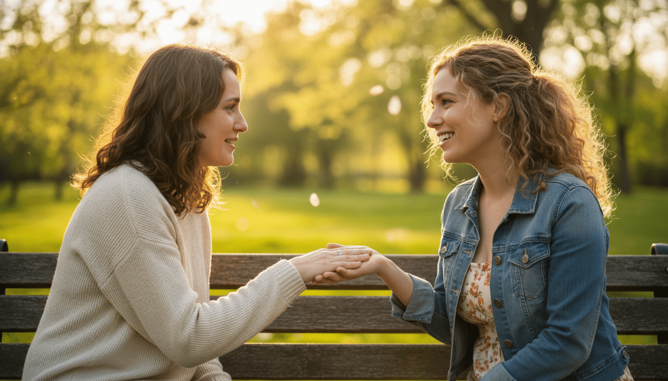 Deux femmes réconciliées dans un parc au printemps
