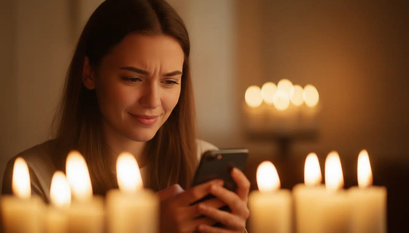 Femme émue tenant son téléphone, lumière dorée