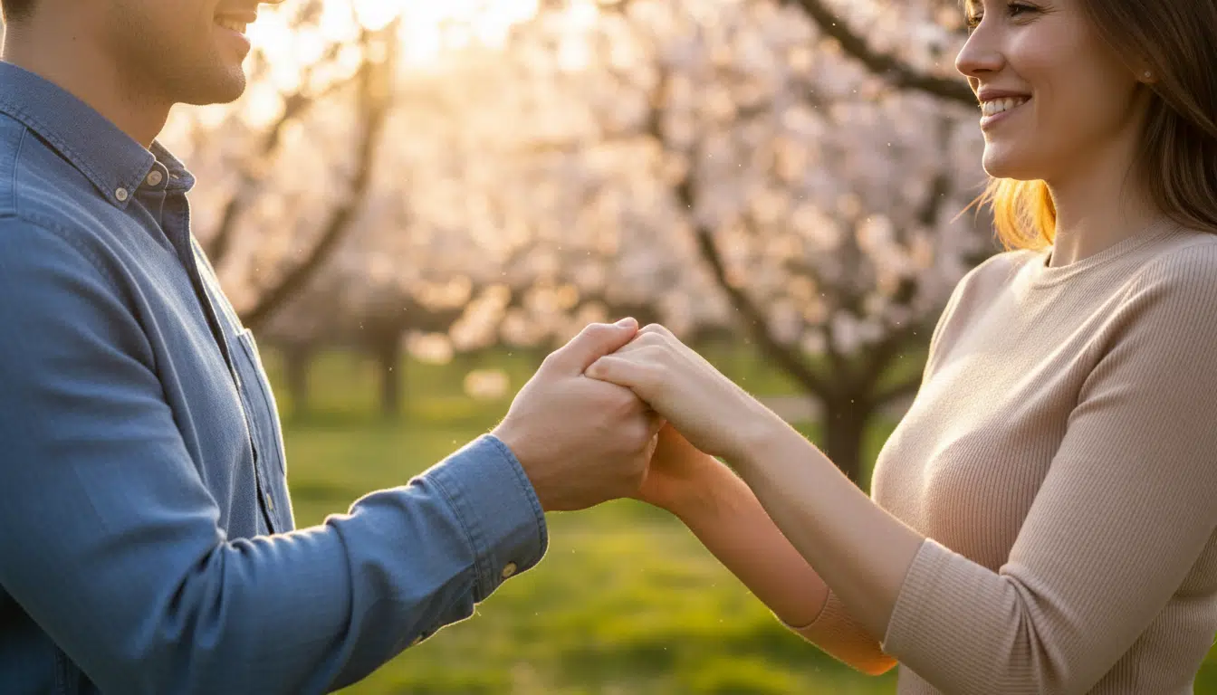 Deux personnes se réconciliant dans un jardin fleuri