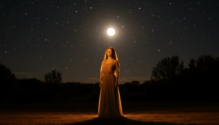 Femme sous la pleine lune en lumière dorée mystique