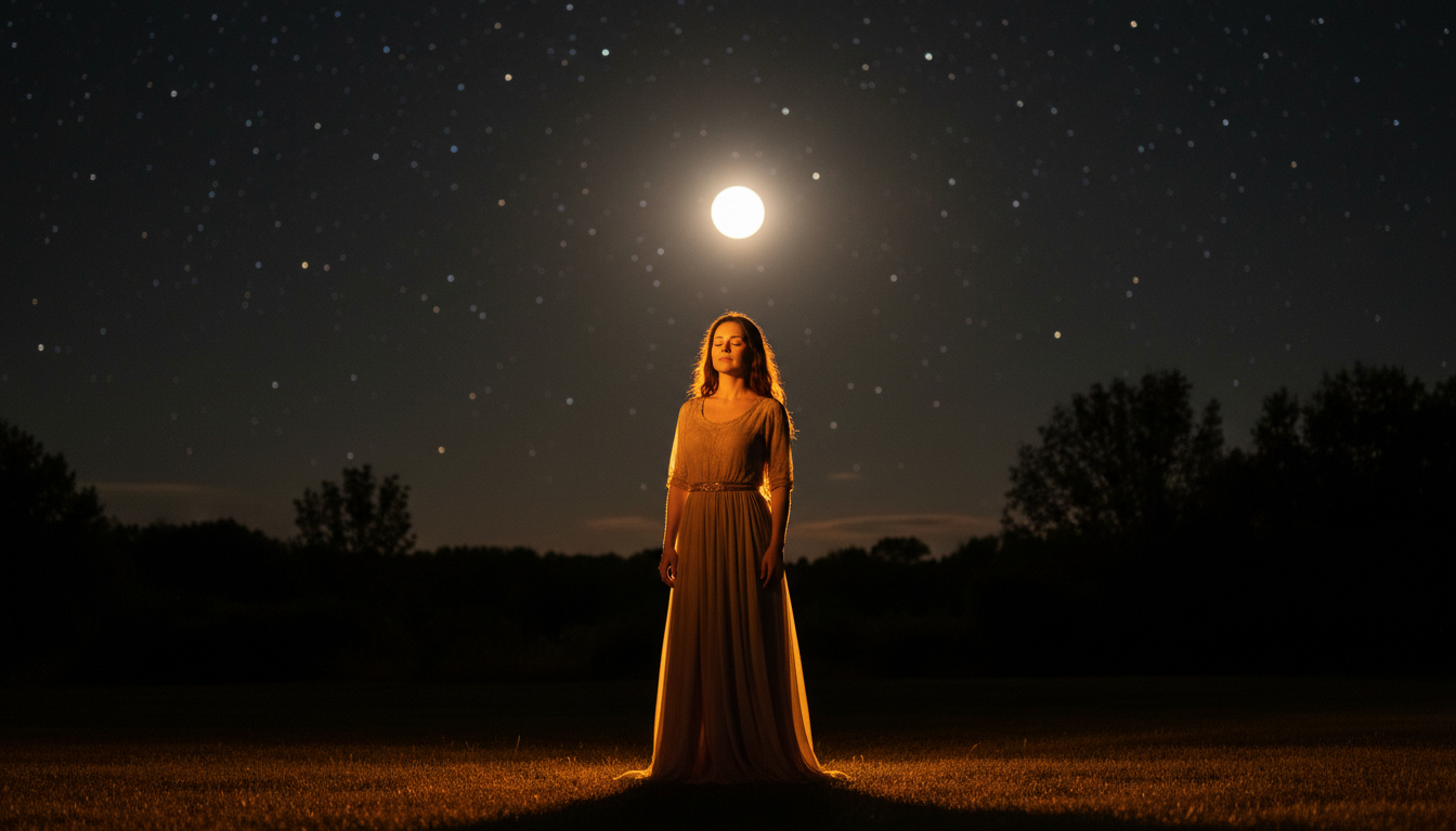 Femme sous la pleine lune en lumière dorée mystique
