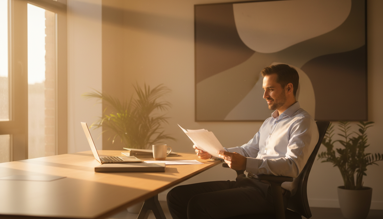 Homme confiant devant son bureau au soleil