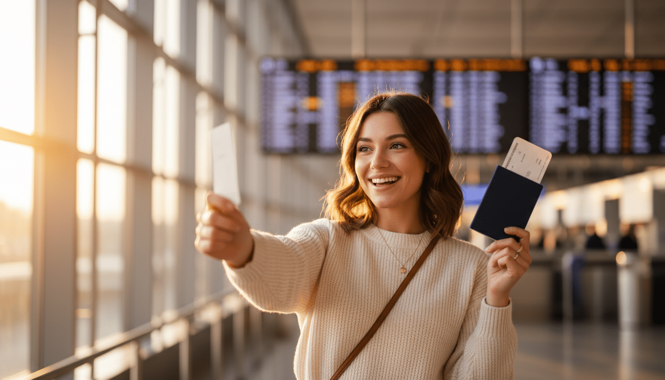 Femme souriante tenant passeport dans un aéroport