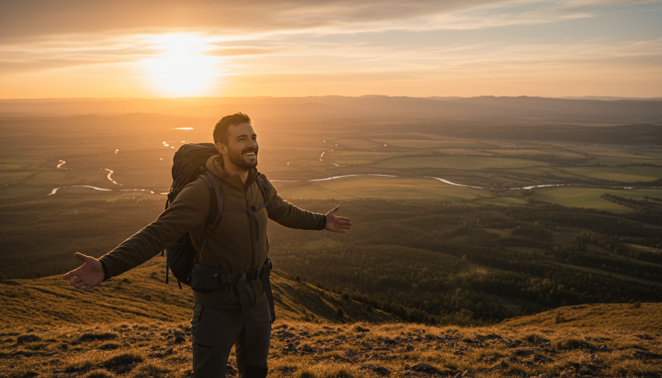 Homme avec sac à dos admirant un paysage au coucher du soleil