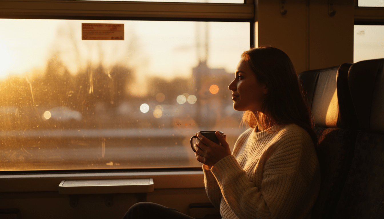 Femme seule pensive dans un train au coucher du soleil