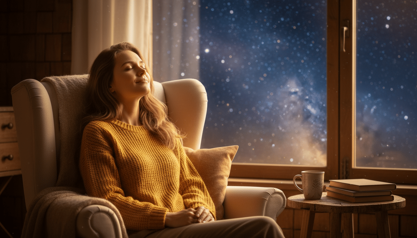 Femme sereine dans une lumière dorée apaisante