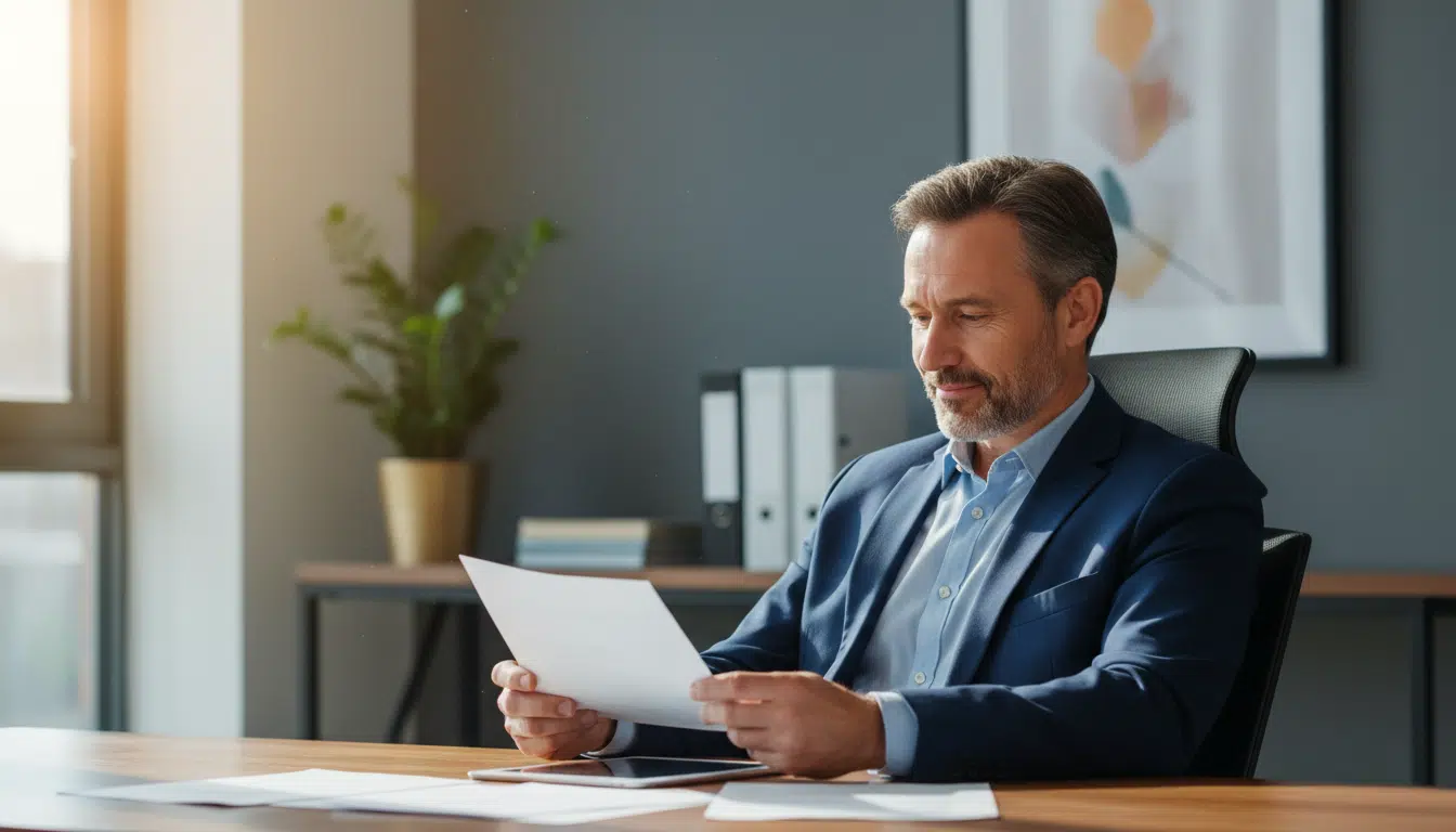 Homme soulagé consultant des documents professionnels