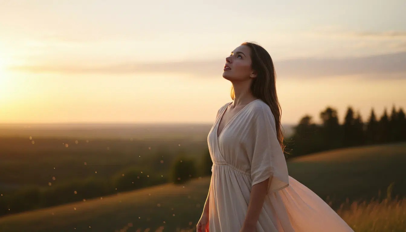 Femme regardant l'horizon avec espoir à l'aube