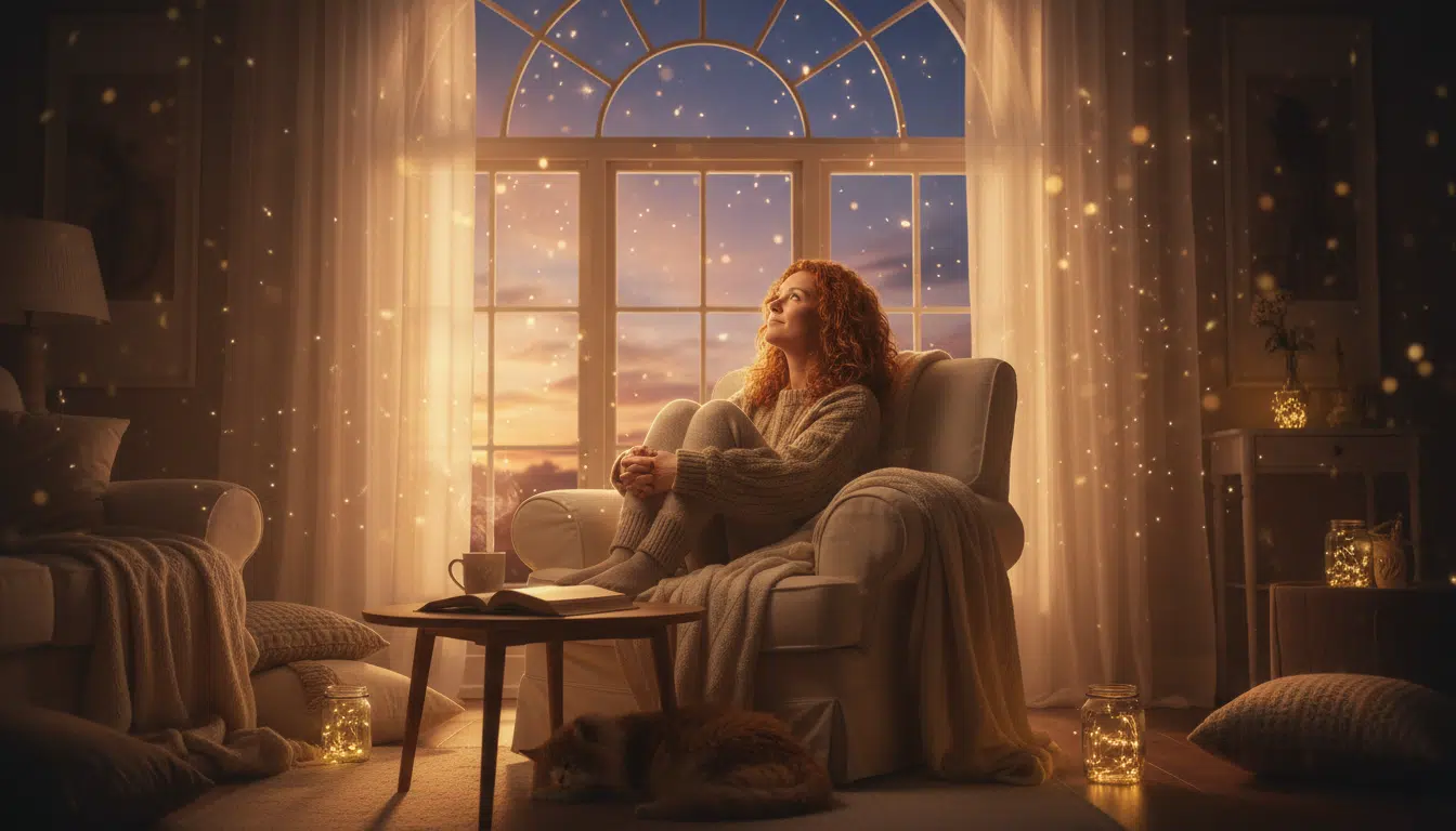 Personne souriante dans une ambiance dorée et mystique