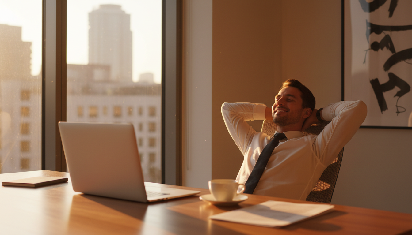 Personne satisfaite à son bureau dans une lumière dorée