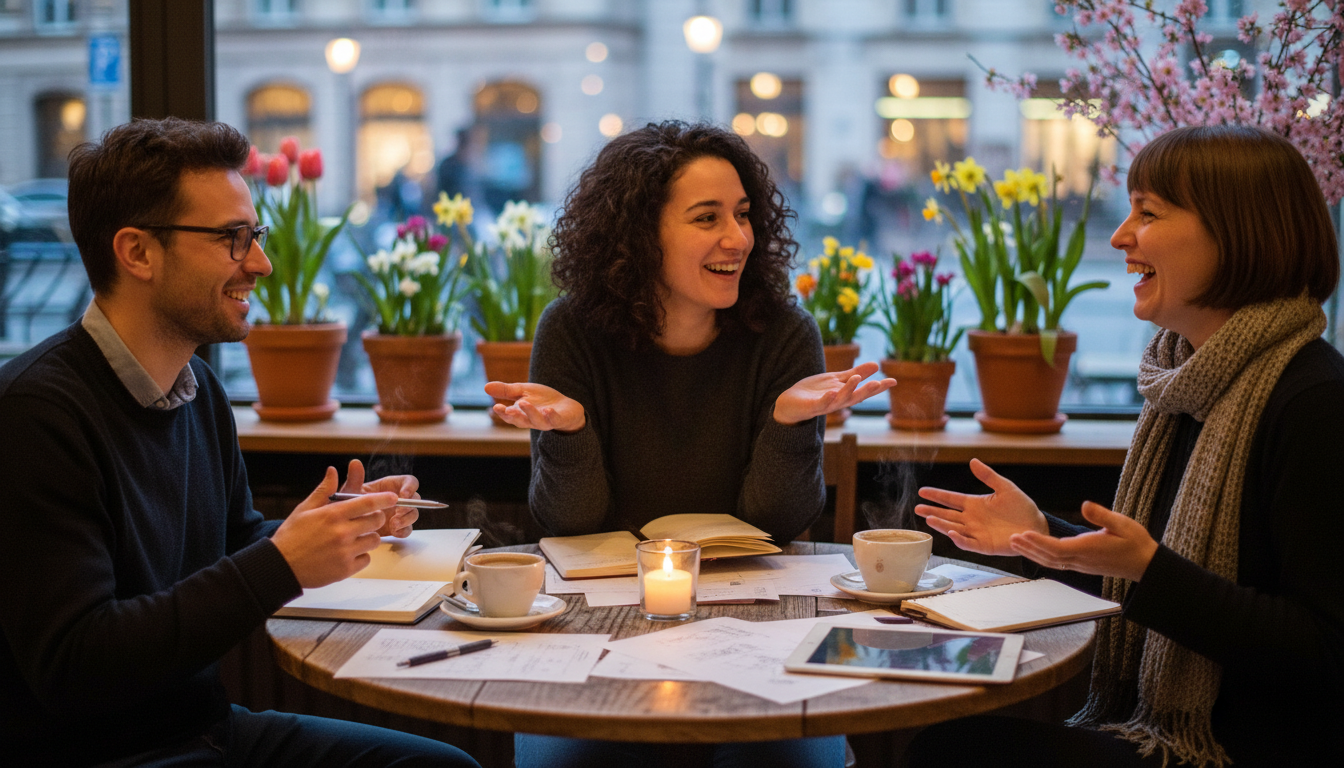 Groupe de personnes collaborant autour d'un café au printemps