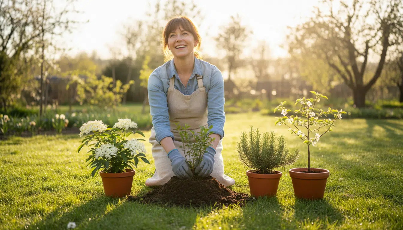 Femme plantant un myrtillier dans son jardin au printemps