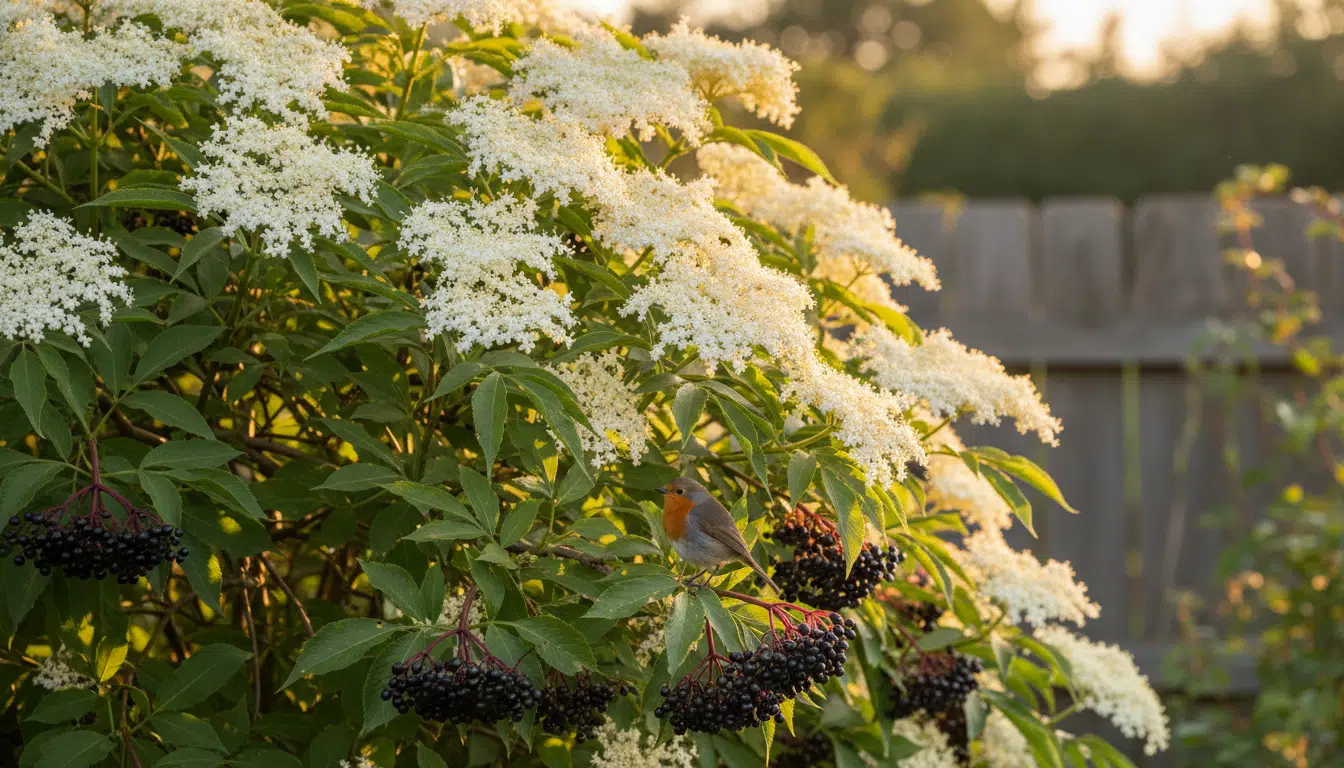 Sureau en fleurs avec baies noires et rouge-gorge