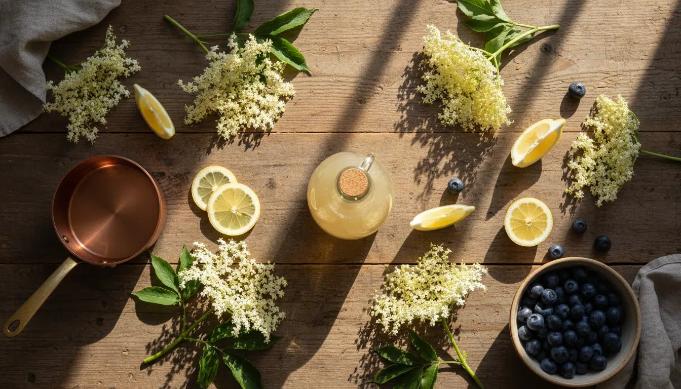 Sirop de sureau maison avec fleurs et myrtilles fraîches