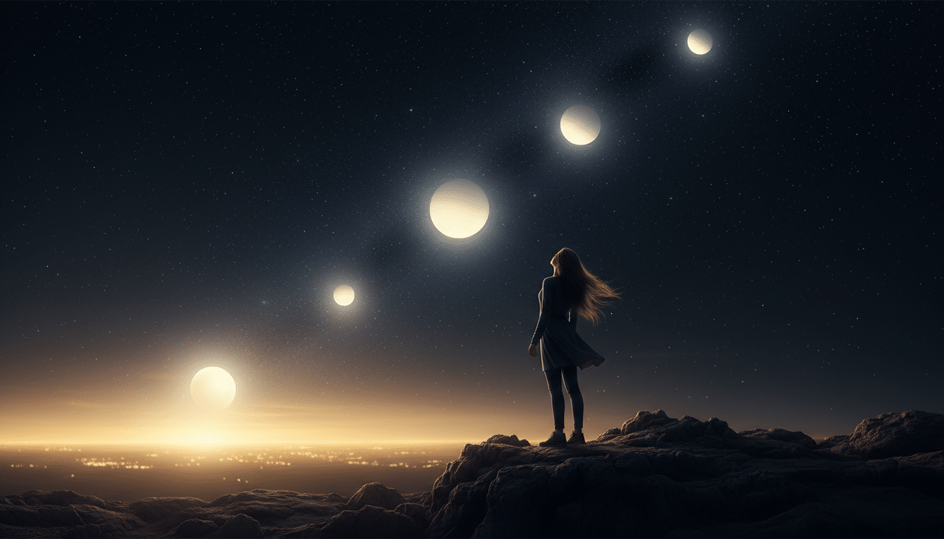 Personne contemplant un ciel étoilé avec quatre planètes alignées