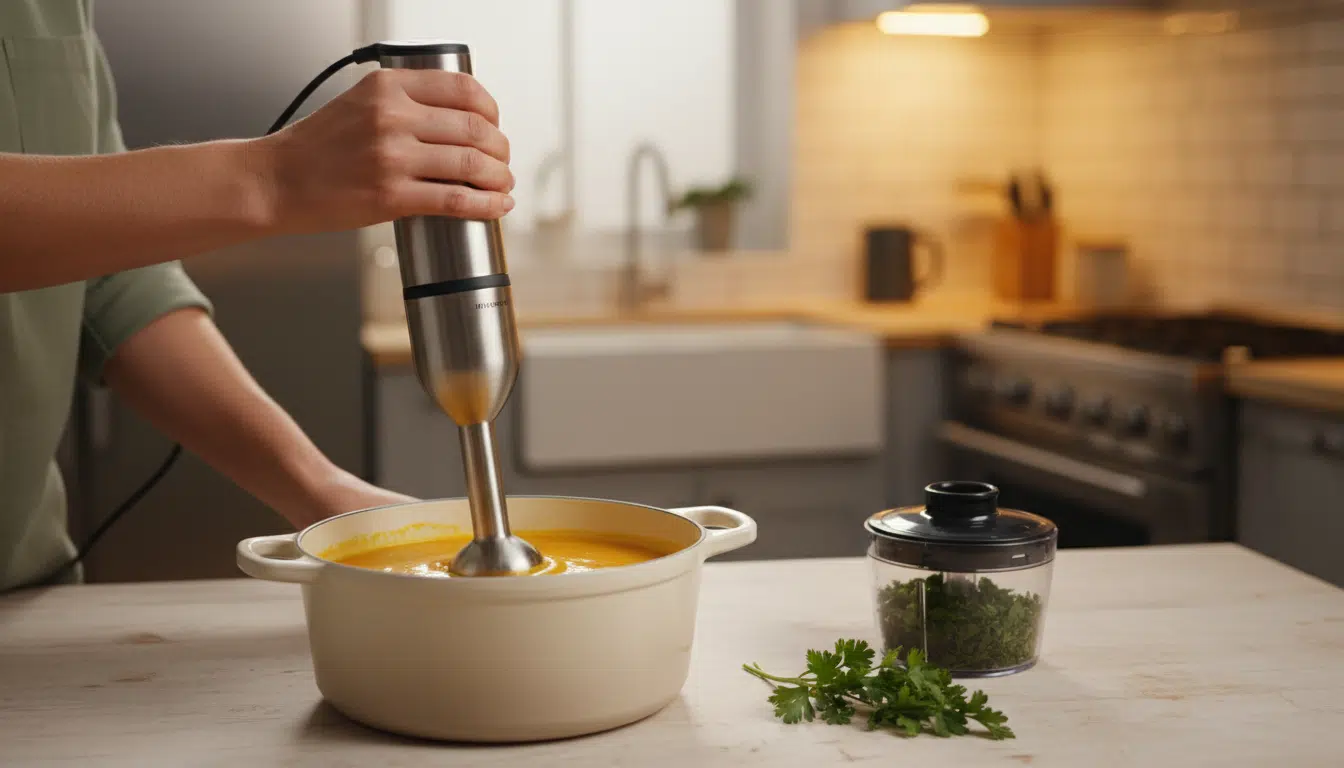 Mixeur plongeant Silvercrest dans une soupe maison