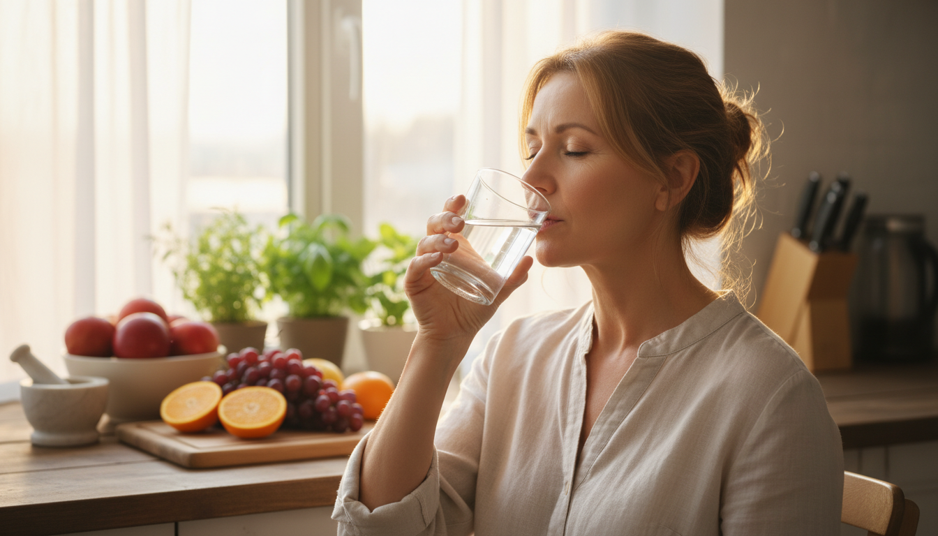 Femme buvant un verre d'eau dans une cuisine ensoleillée