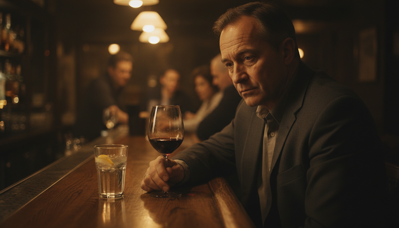 Homme fatigué tenant un verre d'alcool dans un bar