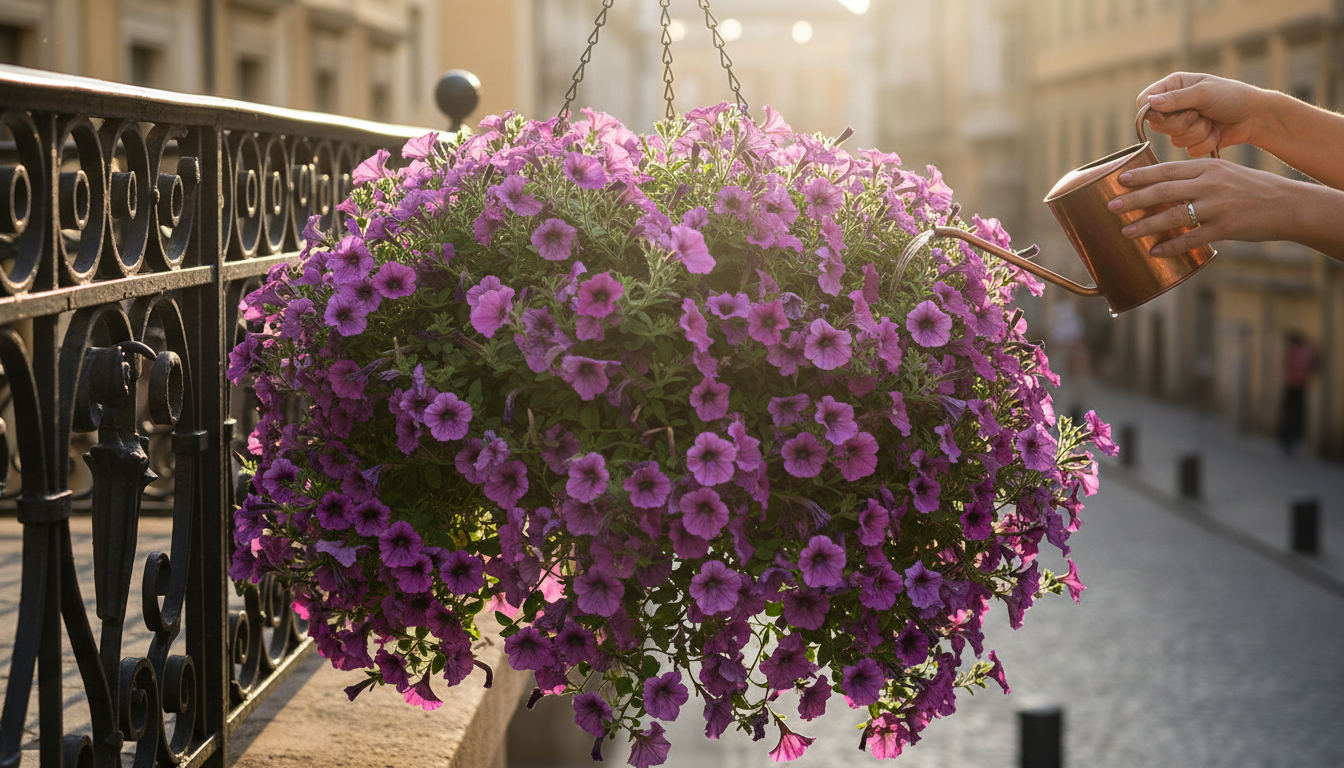 Suspension de surfinias violets et roses en cascade sur un balcon