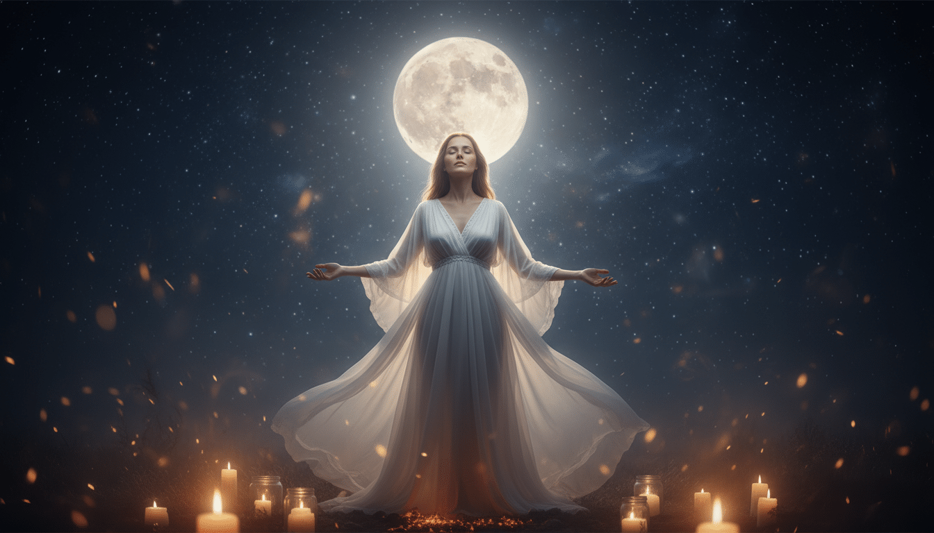 Femme sereine sous la pleine lune de Balance