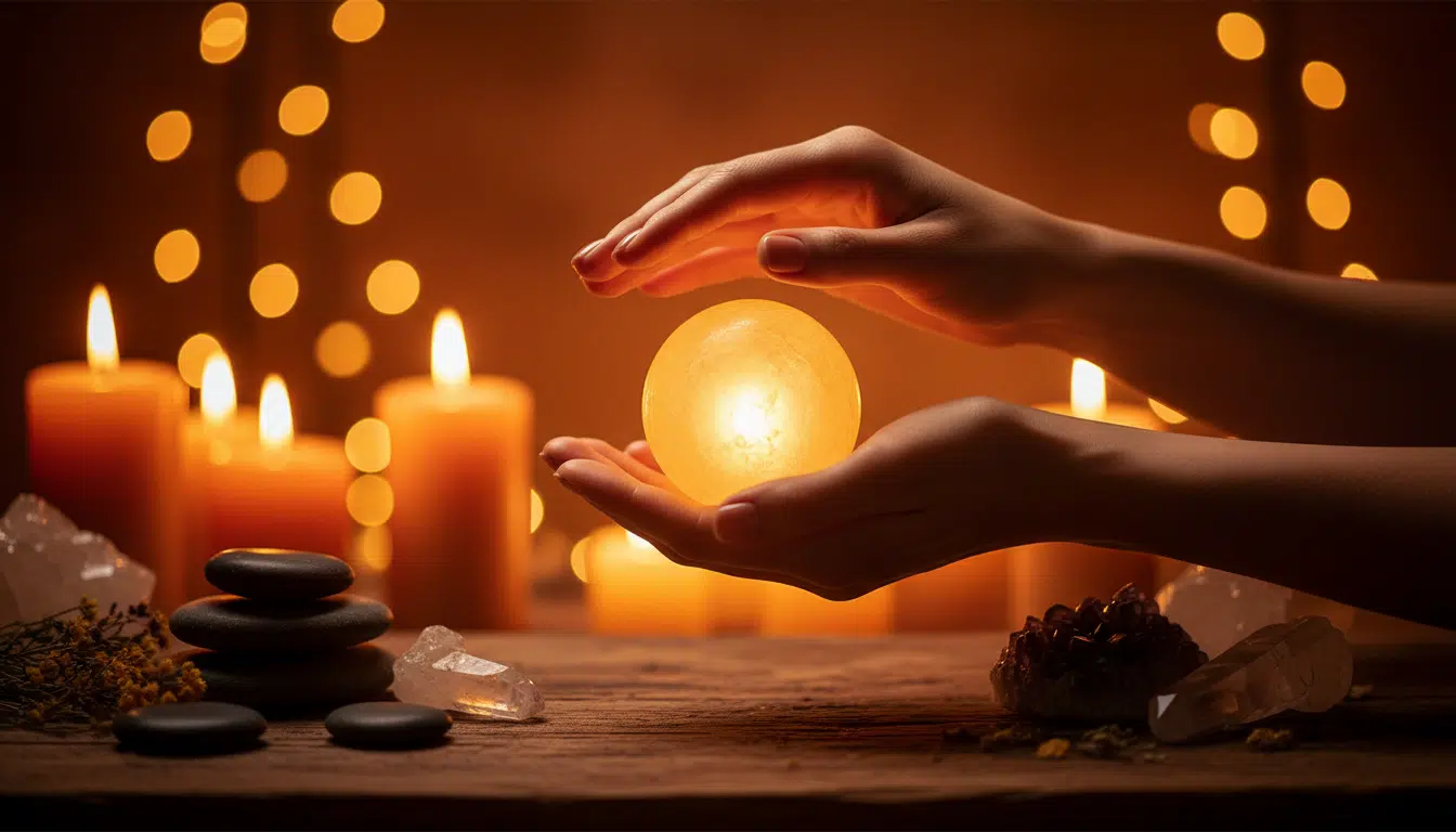 Mains féminines lâchant une lumière dorée