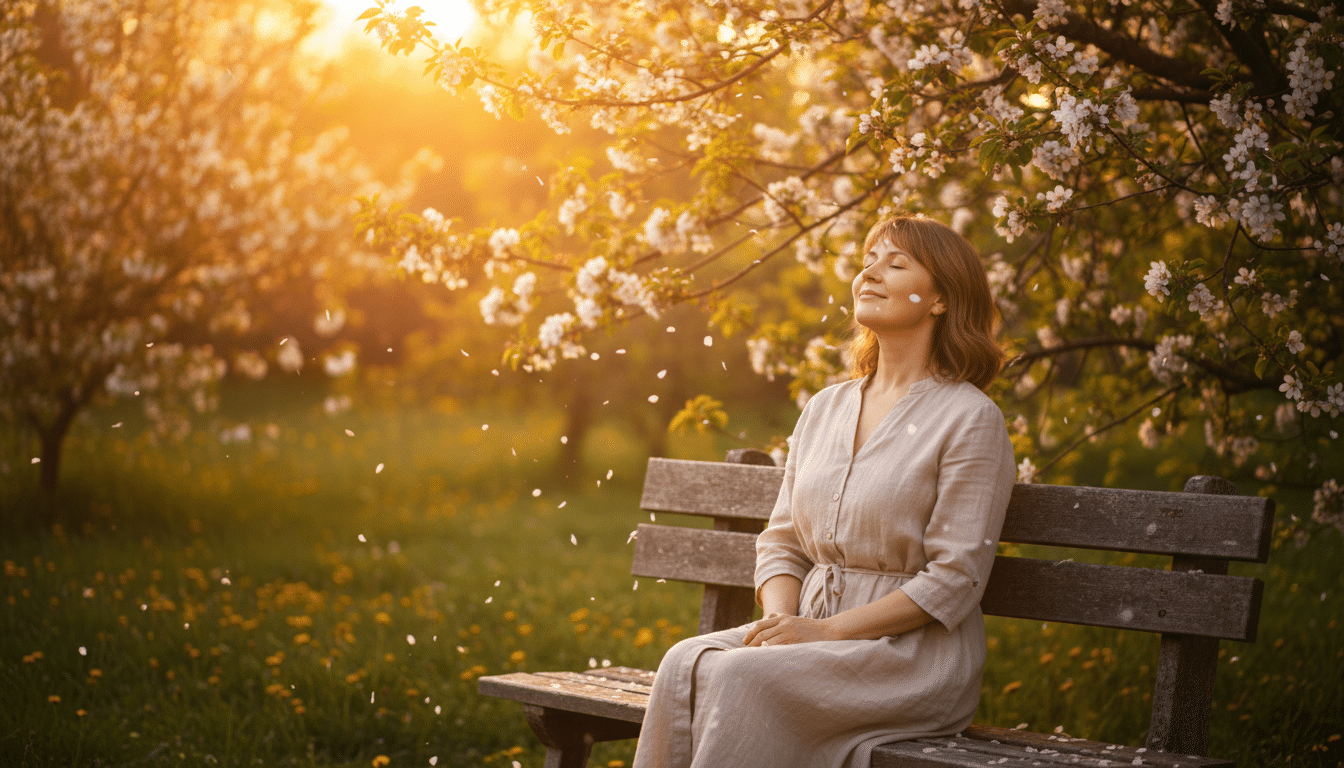 Femme apaisée au printemps dans un jardin
