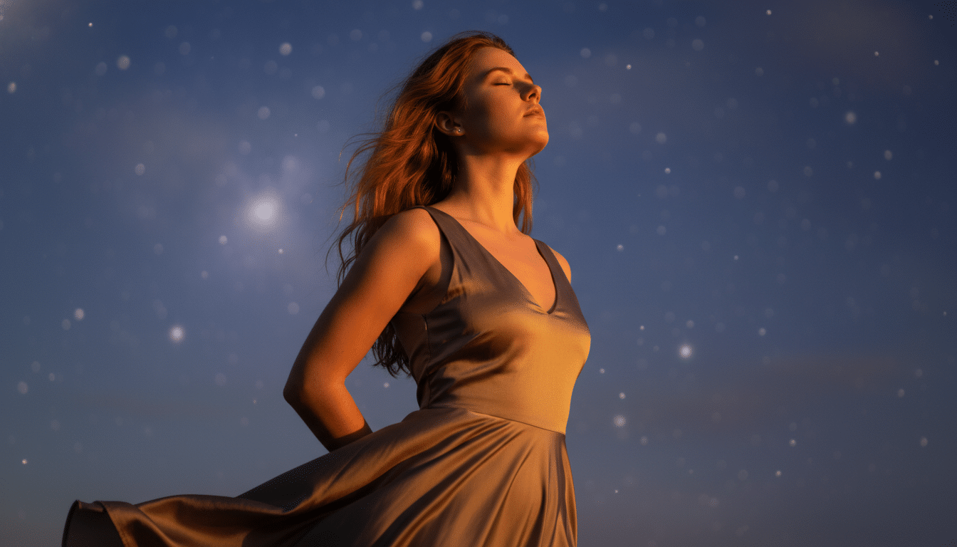 Femme au coucher de soleil prenant une décision courageuse