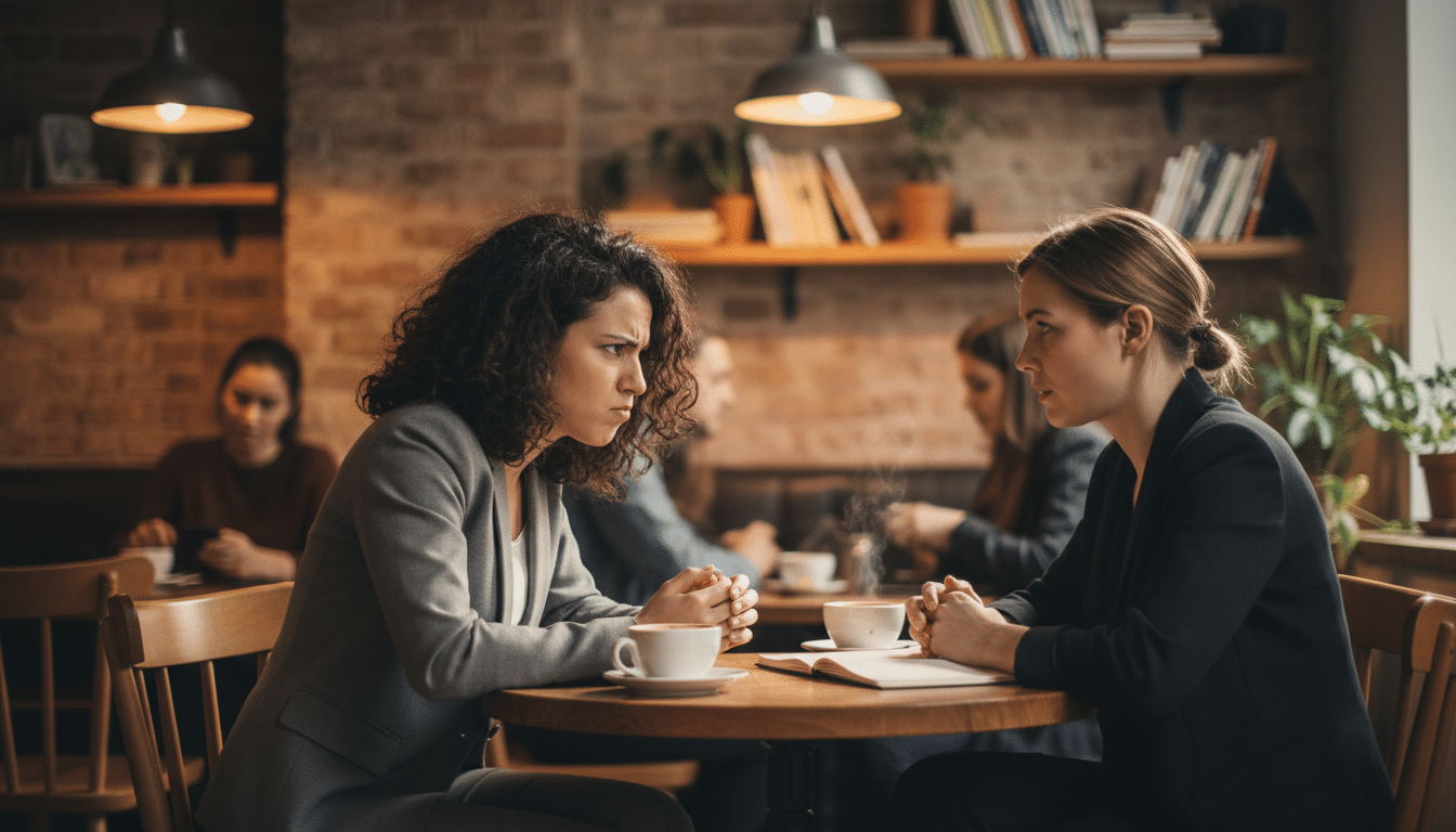 Deux femmes en discussion sérieuse dans un café