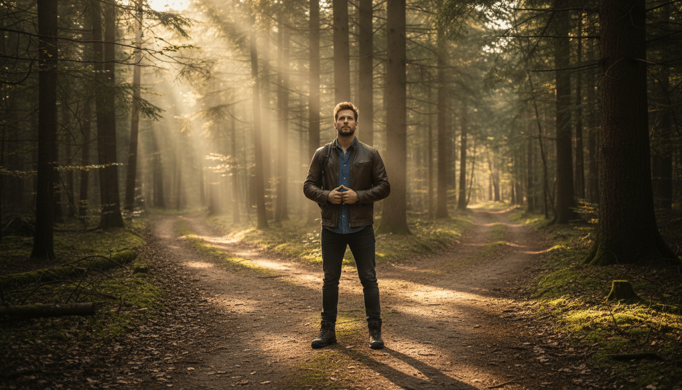Homme à un carrefour dans une forêt ensoleillée