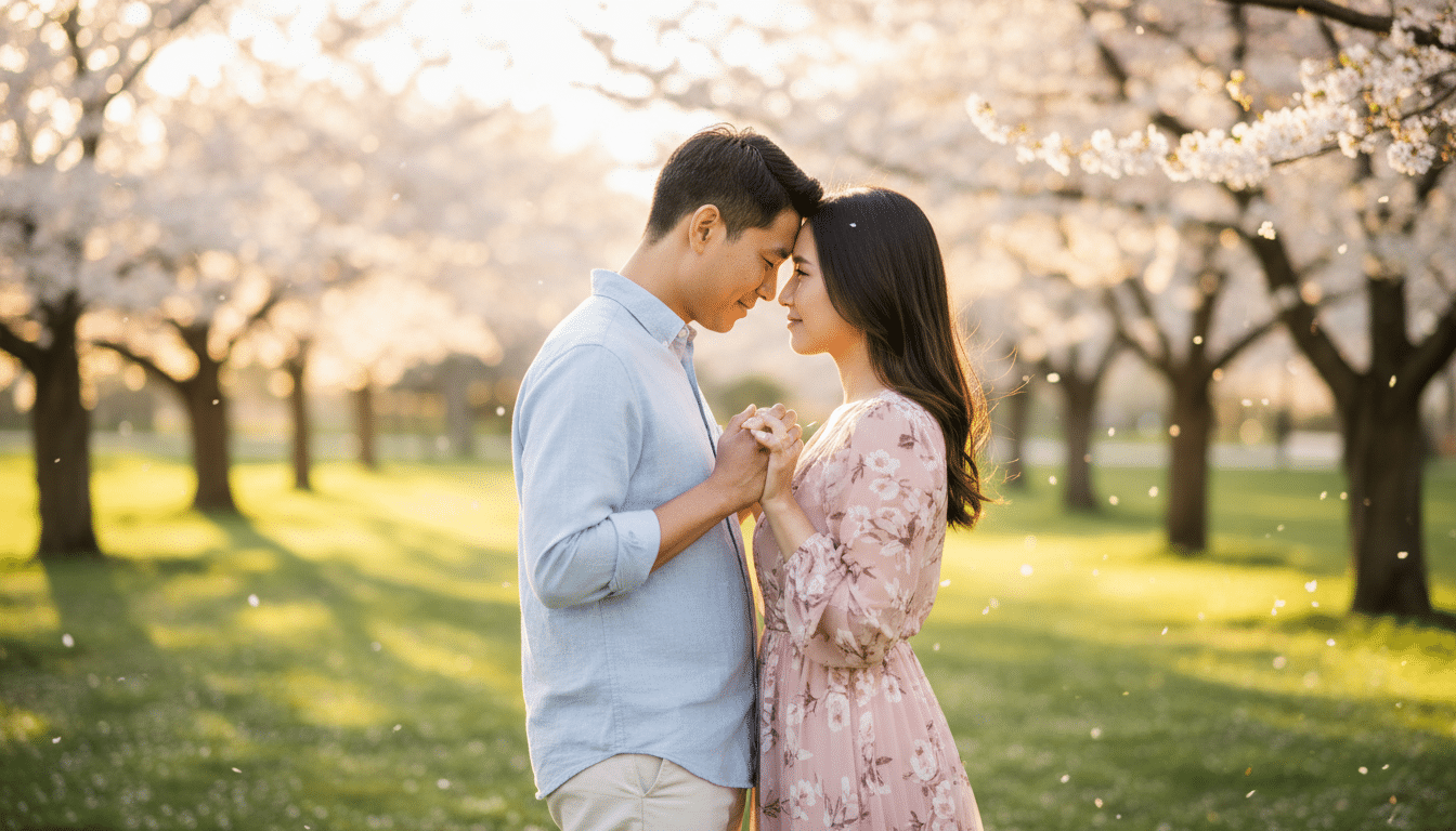 Couple face à face dans une lumière dorée de printemps