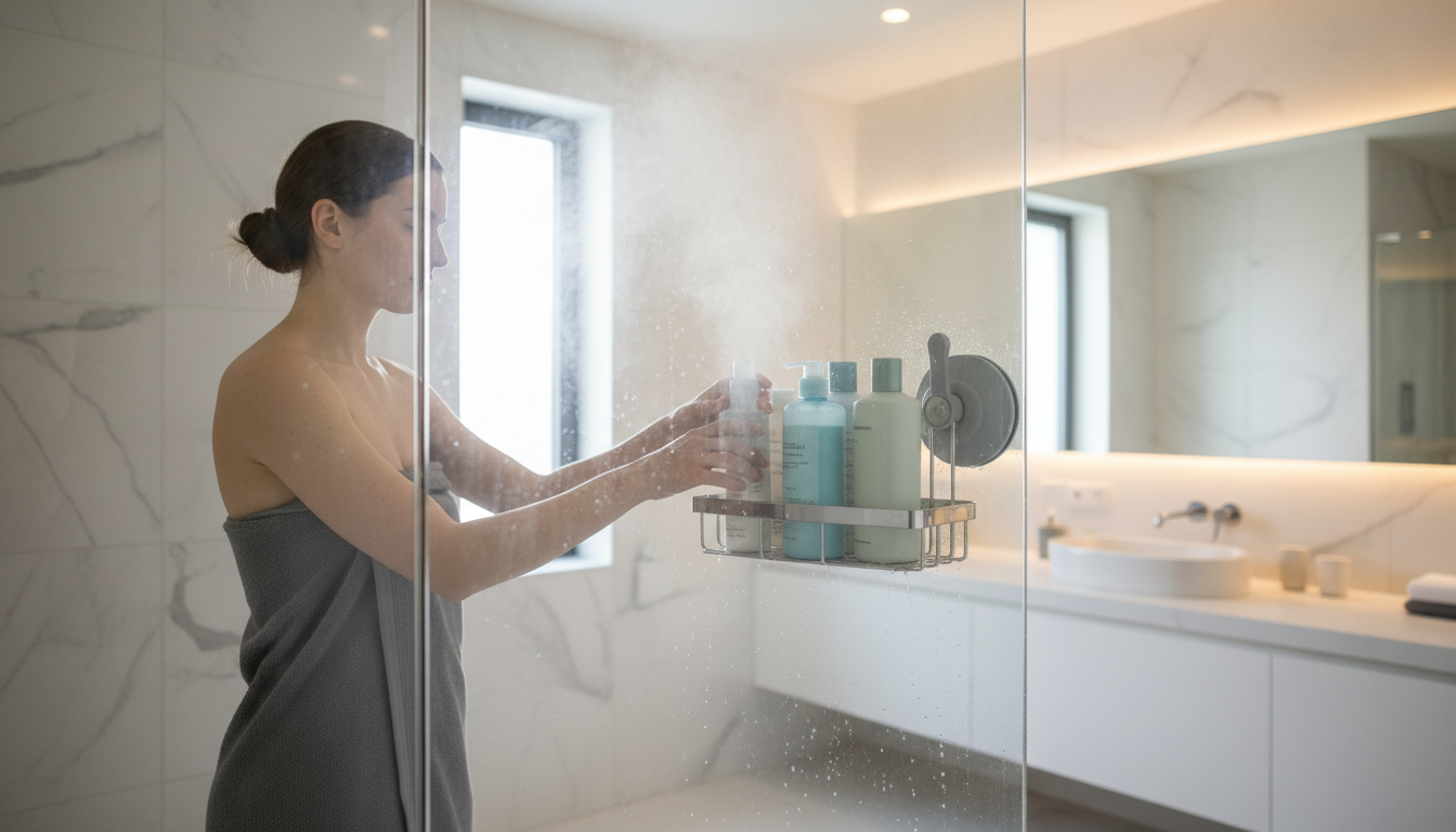 Panier de douche à ventouse en inox dans une douche moderne