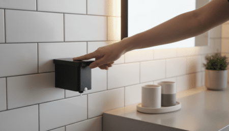Distributeur de savon mural adhésif noir mat dans une salle de bain